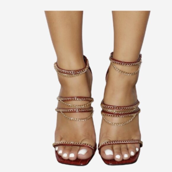 Fashion Nova Heels Stiletto Women's Size 6 Red Faux Croc Chains 4.5" Heel Buckle - Picture 8 of 8